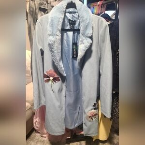 Current Mood Pastel Blue Trench Coat with Floral Embroidery